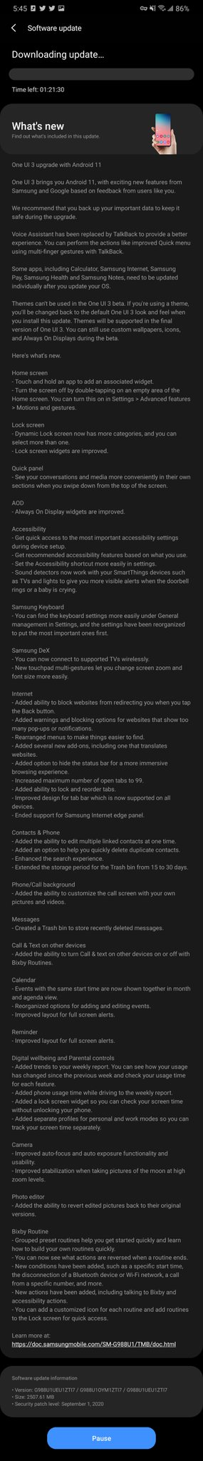 One UI 3.0 changelog (image via SamsungRydah on Twitter)