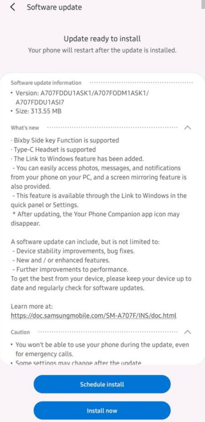 The new update page on the Galaxy A70s. (Source: TizenHelp)