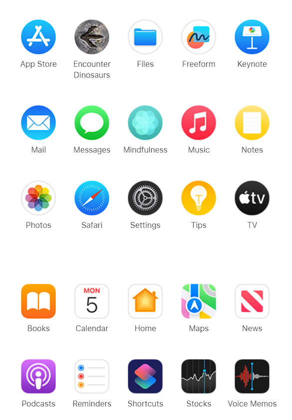 The bottom 10 Apple apps are pre-installed on Vision Pro, but not spatialized. (Image: Apple)