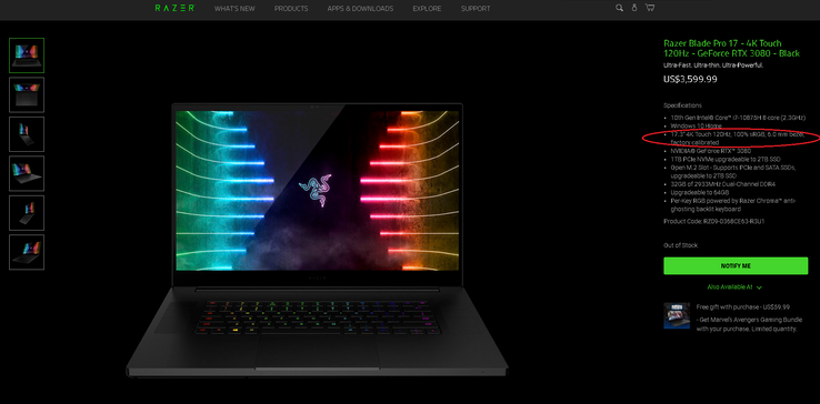 Razer says the specification on the product page should say "100% AdobeRGB" instead of "100% sRGB" for the 120 Hz 4K configuration. This error may be fixed at a later date