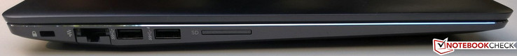 Left side: Kensington lock, Gigabit Ethernet, 2x USB 3.0, SD-card reader