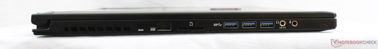 Left: Kensington Lock, SD reader, 3x USB 3.0, 3.5 mm earphones, 3.5 mm microphone