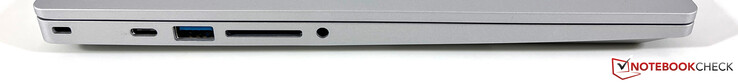 Left: Kensington Lock, USB-C 3.2 gen. 2 (10 Gb/s, DisplayPort ALT mode 1.4, Power Delivery), USB-A 3.2 gen. (5 Gb/s), card reader, 3.5-mm audio