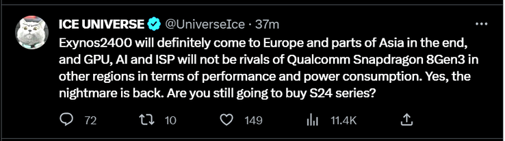 Ice Universe's deleted Tweet about the Exynos 2400 (image via Twitter)