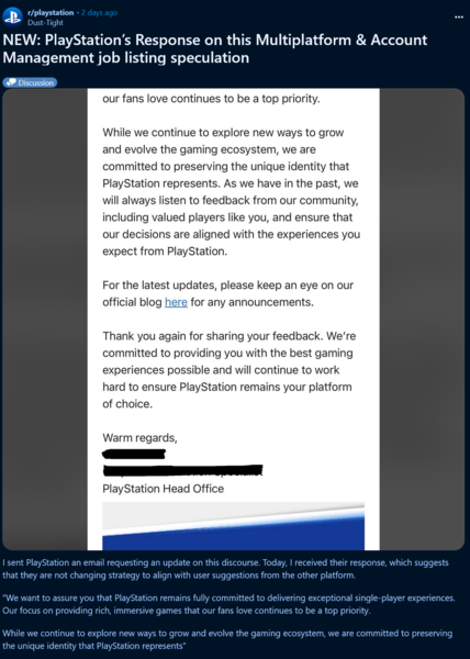 PlayStation response to complaint about cross-platform PS5 games (Image source: screenshot, PlayStation subreddit)