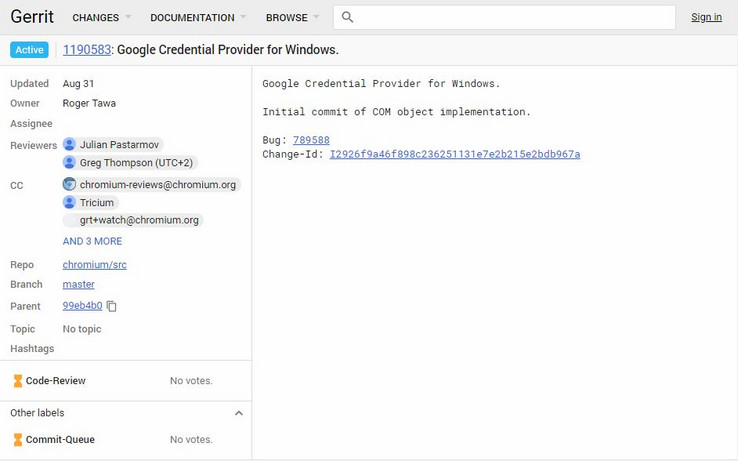 Commit for Google Credential Provider for Windows as seen on Chromium Gerrit. (Source: Chromium Gerrit)