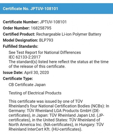 The Realme 6000mAh battery's new certifications. (Source: Twitter)