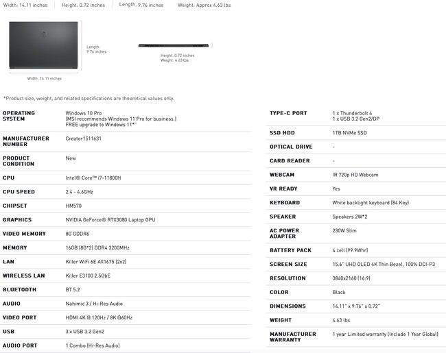The complete spec sheet of the RTX 3080-equipped Creator 15 configuration (Image: MSI)