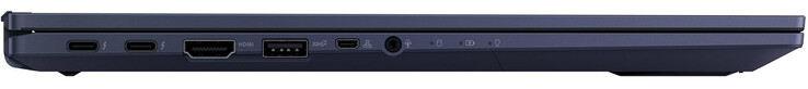 Left side: 2x Thunderbolt 4 (USB-C; Power Delivery, DisplayPort), HDMI, USB 3.2 Gen 2 (Type-A), Gigabit Ethernet via Micro HDMI, combo audio
