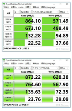 CrystalDiskMark results compariing the JMS583 (top) agains the RTL9210 (bottom). (Image source: Seeedstudio)