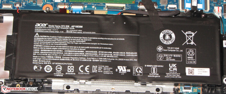 The battery has a capacity of 57.5 Wh.