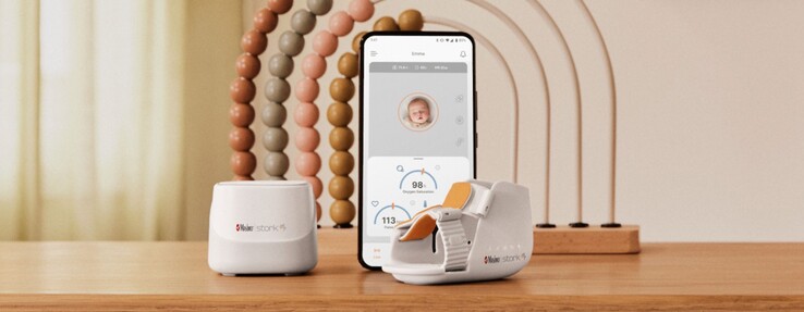 Stork Vitals baby monitoring system by Masimo comes with a baby bootie, hub, and smartphone app. (Source: Masimo)