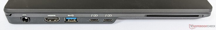 Left side: Power socket, HDMI output, one USB-A 3.2 Gen 1 port, two Thunderbolt 4 ports (with PD and DP 1.2), smart card reader