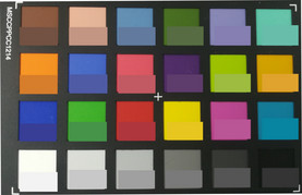Photographed ColorChecker colors. The original color is shown in the bottom half of each patch.