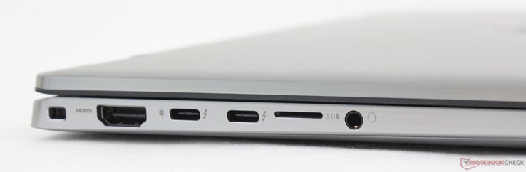 Left: Wedge lock slot, HDMI 2.0, 2x USB-C w/ Thunderbolt 4 + DisplayPort + Power Delivery, MicroSD reader, 3.5 mm audio jack