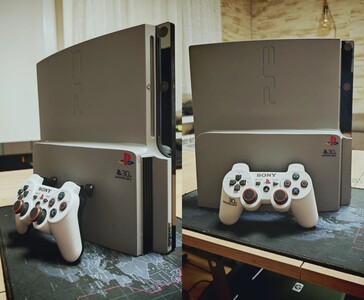 Hand-built PS3 Slim Pro console with a 30th Anniversary logo shown alongside a white DualShock 3 controller on a desk. (Image source: Fun-Equivalent-7785 via Reddit / r/PS3)