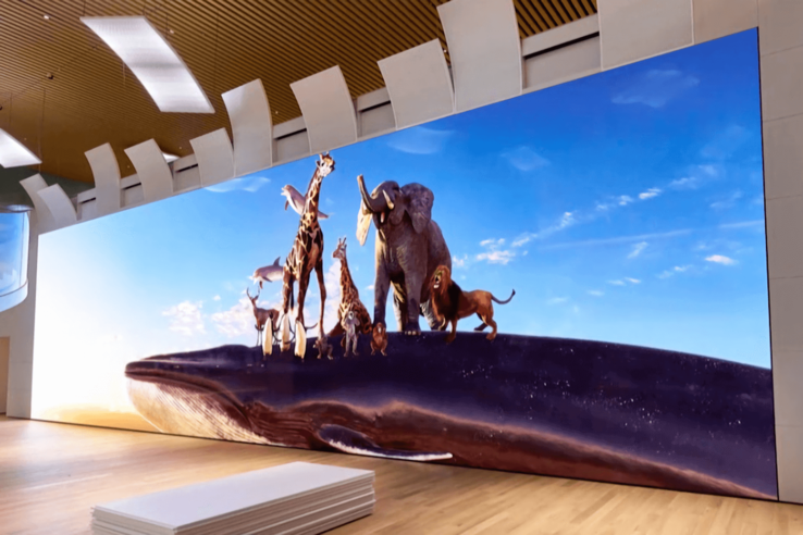 Sony's colossal 16K screen spans the first and second floors of Shiseido's new research facility. (Source: Sony)