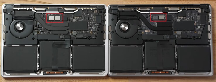 M1 MBP with two NAND chips (L) & M2 MBP with one (R) - 256 GB models. (Image source: Max Tech - edited)