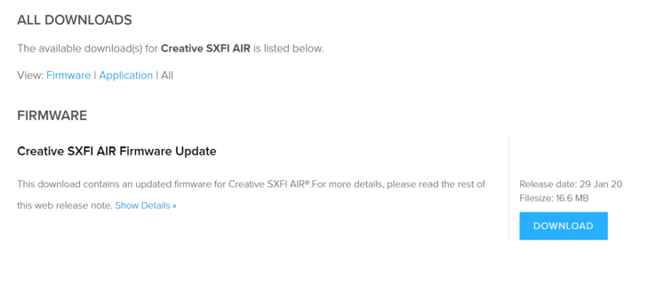 Creative only delivers firmware updates via its website.