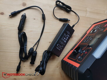 The accessories: 100 W power supply, car cable, MC4 to DC adapter