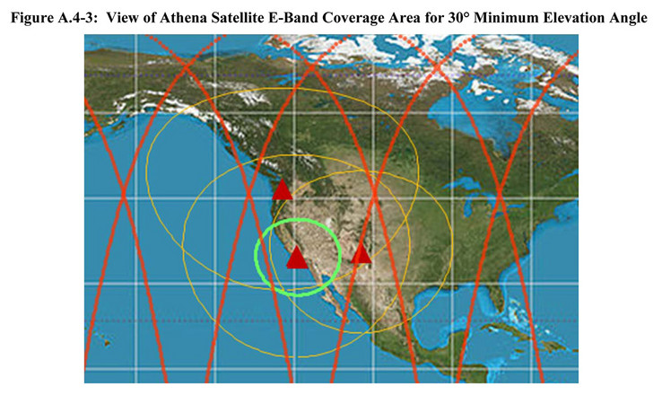 Athena's coverage area. Red lines — Proposed path; Yellow circles — Earth to Satellite contact area; Green circle — Satellite to Earth contact area. (Source: IEEE Spectrum / FCC)