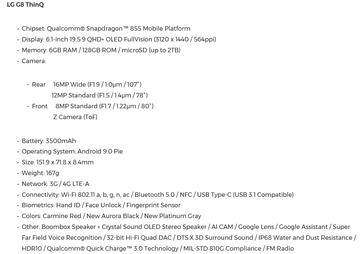 G8 spec sheet: The LG G8s comes with similar specs and features but has an FHD+ display and 13 MP (wide) + 12 MP sensors on the rear. (Source: LG)