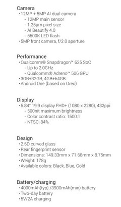 Xiaomi Mi A2 Lite Spec Sheet. (Source: Xiaomi)