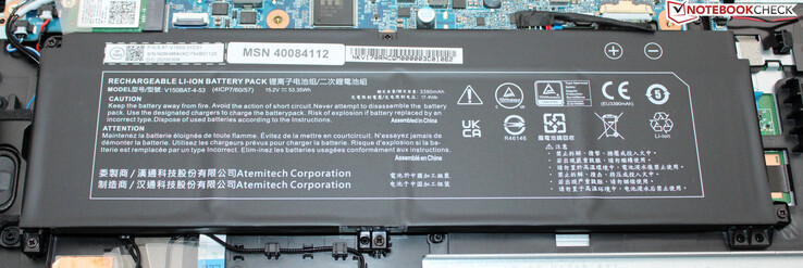 The battery has a capacity of 53.35 Wh.