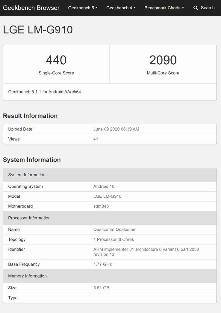 The LG-G910 with a Snapdragon 845. (Image source: Geekbench)