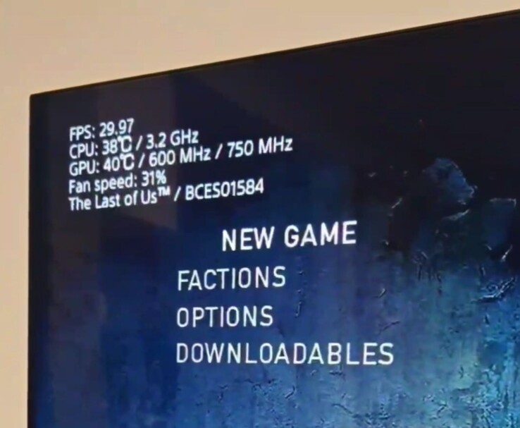 On-screen stats of the PS3 Slim Pro running The Last of Us showing 38 °C CPU, 40 °C GPU, and 31% fan speed. (Image source: Fun-Equivalent-7785 via Reddit / r/PS3)