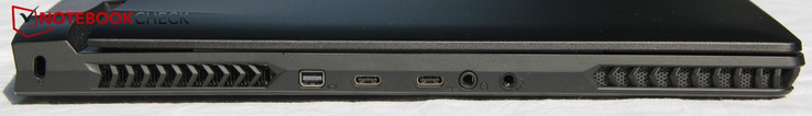 Left: Kensington, Mini DP, Thunderbolt 3, USB-C 3.1 Gen2, headphone, microphone