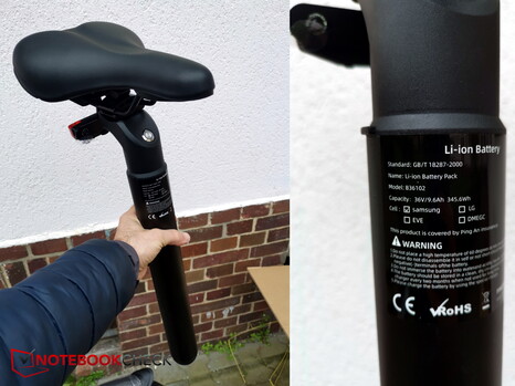 The long, thick seat post houses the battery