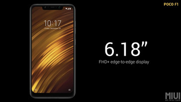 The Poco F1 features a 6.18-inch FHD display with a distinct bottom bezel. (Source: Xiaomi)
