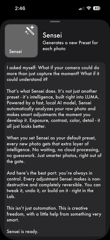 Preset-wise, you can choose between Luma's own AI-based "Sensei" preset, which chooses adjustments based on the image subject...