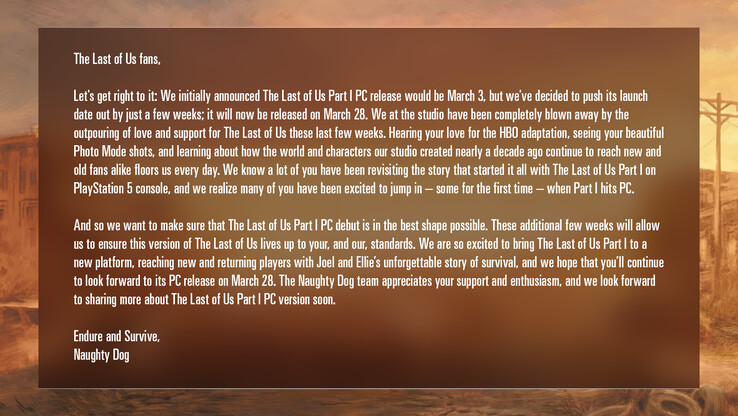 Naughty Dog's statement on The Last of Us Part 1 PC port (image via Naughty Dog)