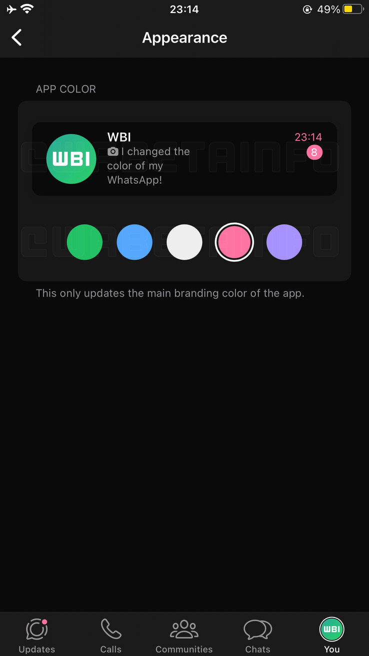 App theme color customization spotted on WhatsApp beta (Image source: WABetaInfo)