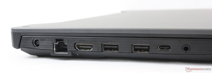 Left: AC adapter, Gigabit RJ-45, HDMI 2.0b, 2x USB-A 3.2 Gen. 1, USB-C w/ Thunderbolt 4 and DisplayPort (No laptop charging), 3.5 mm combo audio