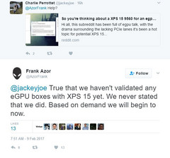 Azor tweeted that though they would begin certifying the XPS series for eGPUs, it will take at least a month to assess feasibility. (Source: Twitter) 