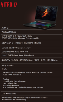 Acer Nitro 17 - Specifications. (Source: Acer)