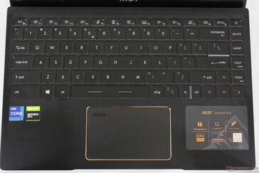The size and layout of the Keyboard and clickpad are similar to the Modern 15. The white backlight illuminates all keys and symbols