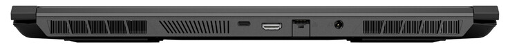 Back: USB 3.2 Gen 2 (Type-C; DisplayPort 1.4, G-Sync), HDMI 2.1 (with HDCP 2.3), Gigabit Ethernet, power supply