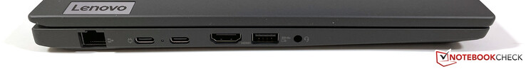 Left: Gigabit Ethernet, 2x USB-C 3.2 Gen.2 (10 GBit/s, DisplayPort ALT mode 1.4, Power Delivery), HDMI 2.0, USB-A 3.2 Gen.1 (5 GBit/s, powered), 3.5 mm stereo
