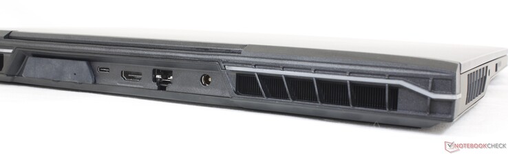 Rear: Water cooler attachment, USB-C w/ Thunderbolt 4 + DisplayPort 1.4, RJ-45 2.5 Gbps, AC adapter