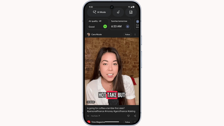 A screenshot taken from a smartphone that shows Google's new Discover Feed with support for more content formats. (Image Source: Google)