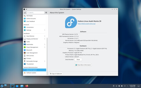 The KDE Plasma Desktop of Fedora 39 Asahi Remix (Image: Asahi Blog).