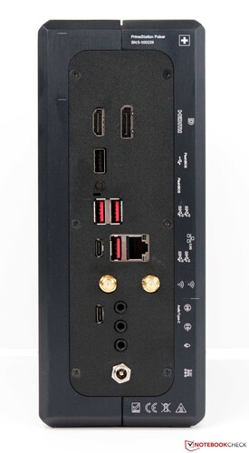 Back: HDMI, DisplayPort, 1x USB 2.0 Type-A, 3x USB 3.2 Type-A, 1x USB 3.2 Type-C, 1x Audio USB Type-C, 2x Line In, 1x Line Out, WLAN antennas, power connection