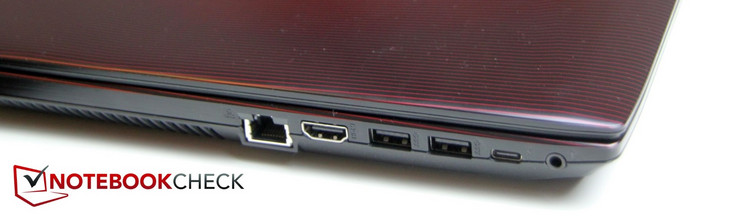 Left: LAN, HDMI, 2x USB-3.0 Type-A, USB 3.0 Type-C, headphone/microphone jack