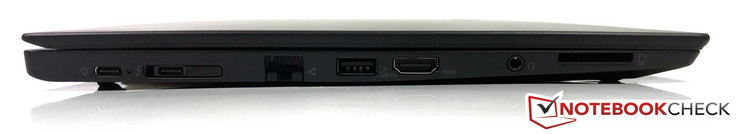 Left side: Thunderbolt 3, USB-C 3.1 (Gen1), docking, Gigabit Ethernet, USB 3.0, HDMI 1.4b, 3.5 mm stereo jack, full-size card reader