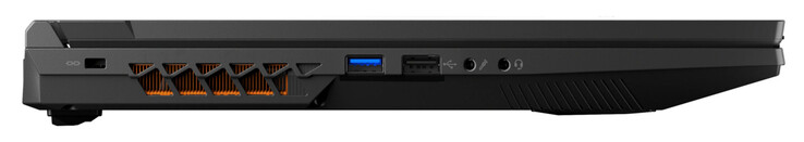 Left side: slot for cable lock, USB 3.2 Gen 1 (USB-A), USB 2.0 (USB-A), Mic in, audio combo