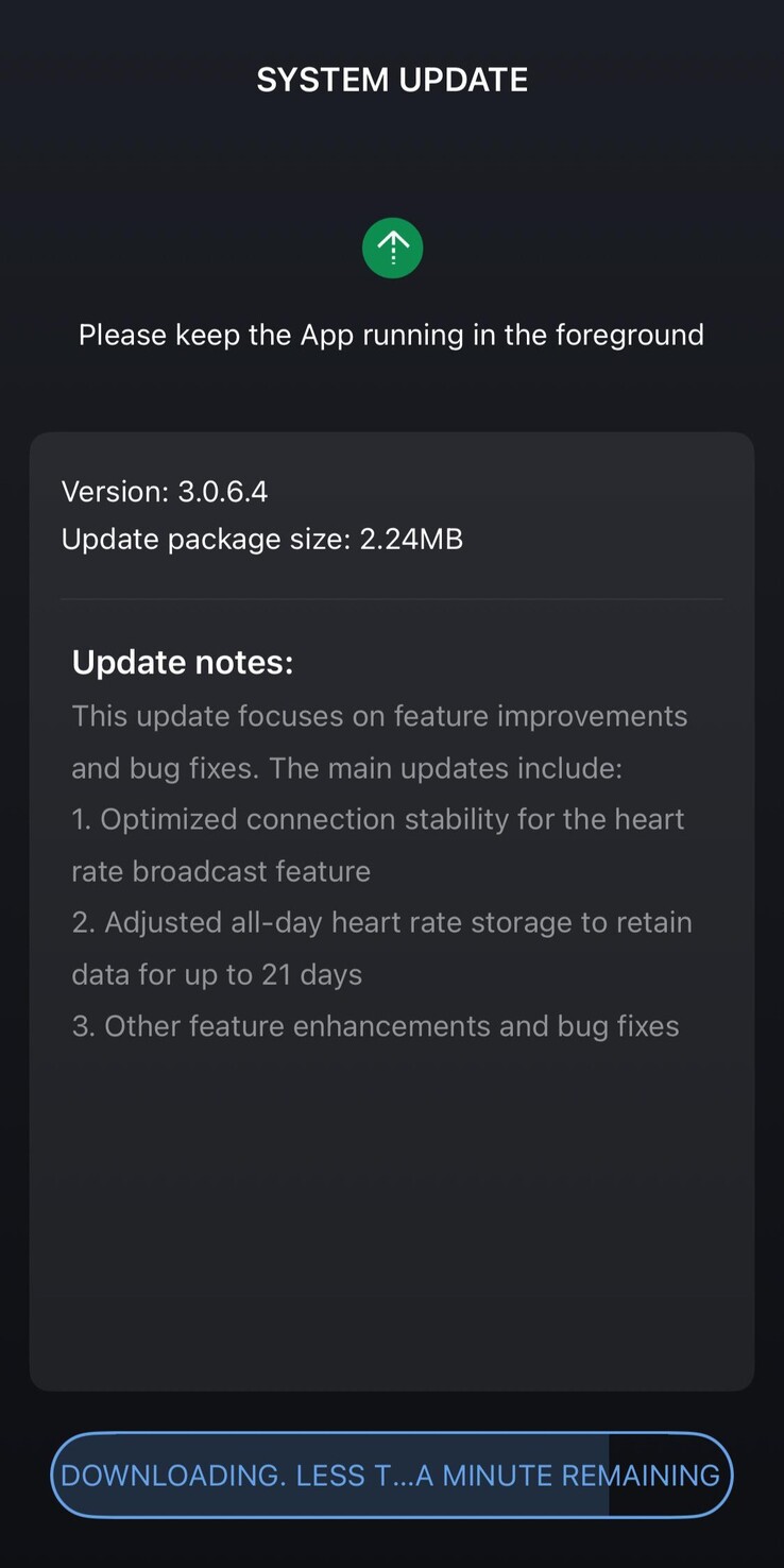 The release notes for the Amazfit Helio Strap software version 3.0.6.4. (Image source: Amazfit)